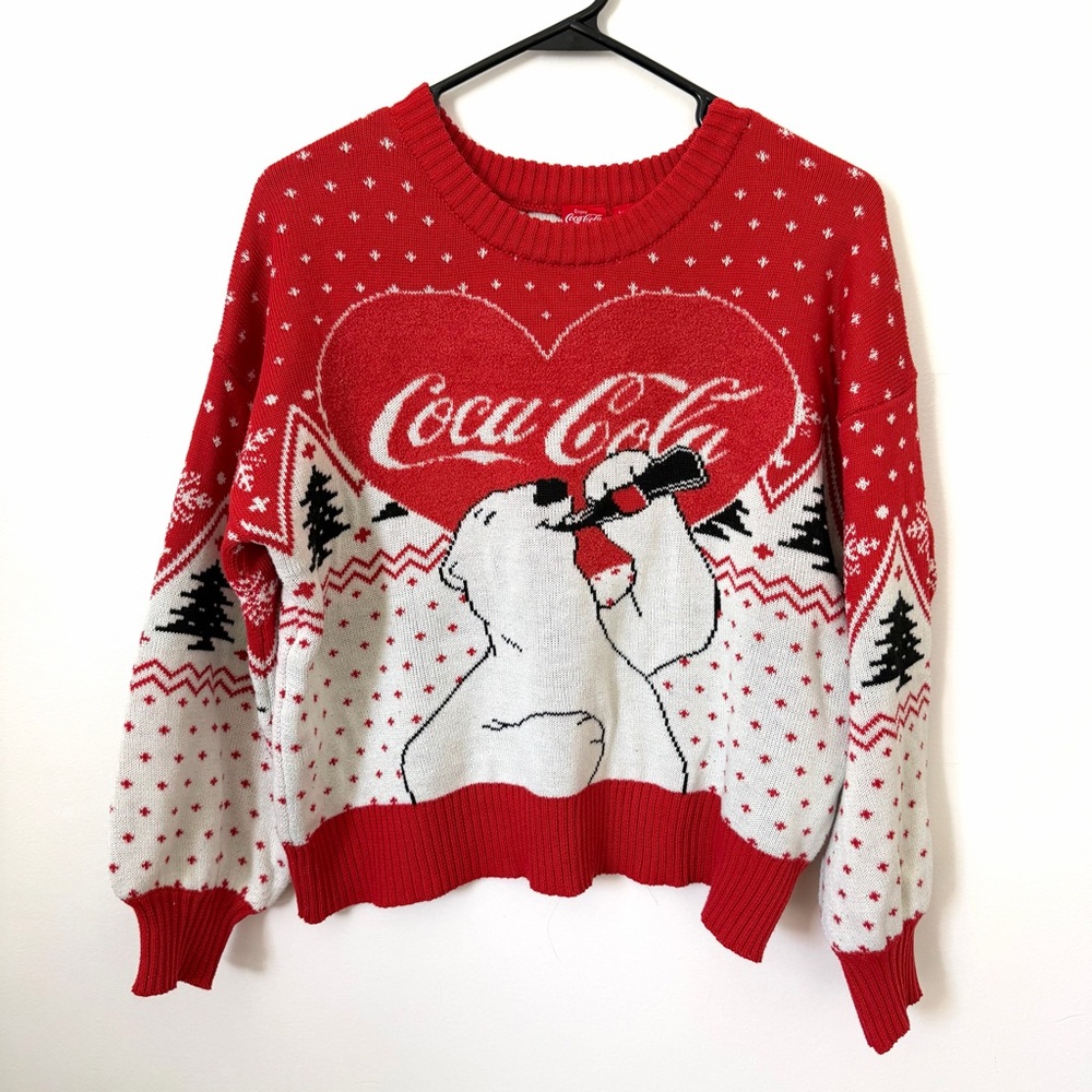 Coca Cola Polar Bear Ugly Festive Christmas Sweater Red Knit Size Medium